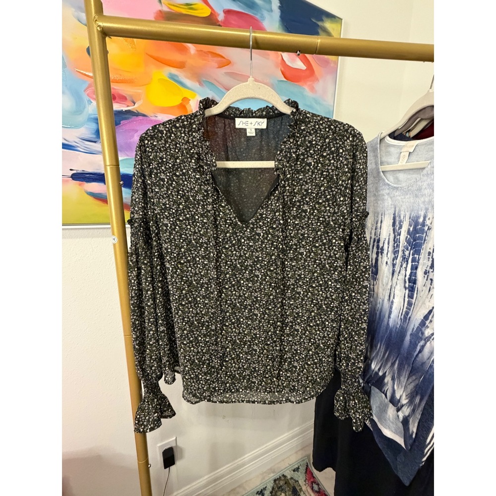 She Sky Floral Ruffle V-Neck Smocked Long Sleeve Blouse Green Black Small SS6667